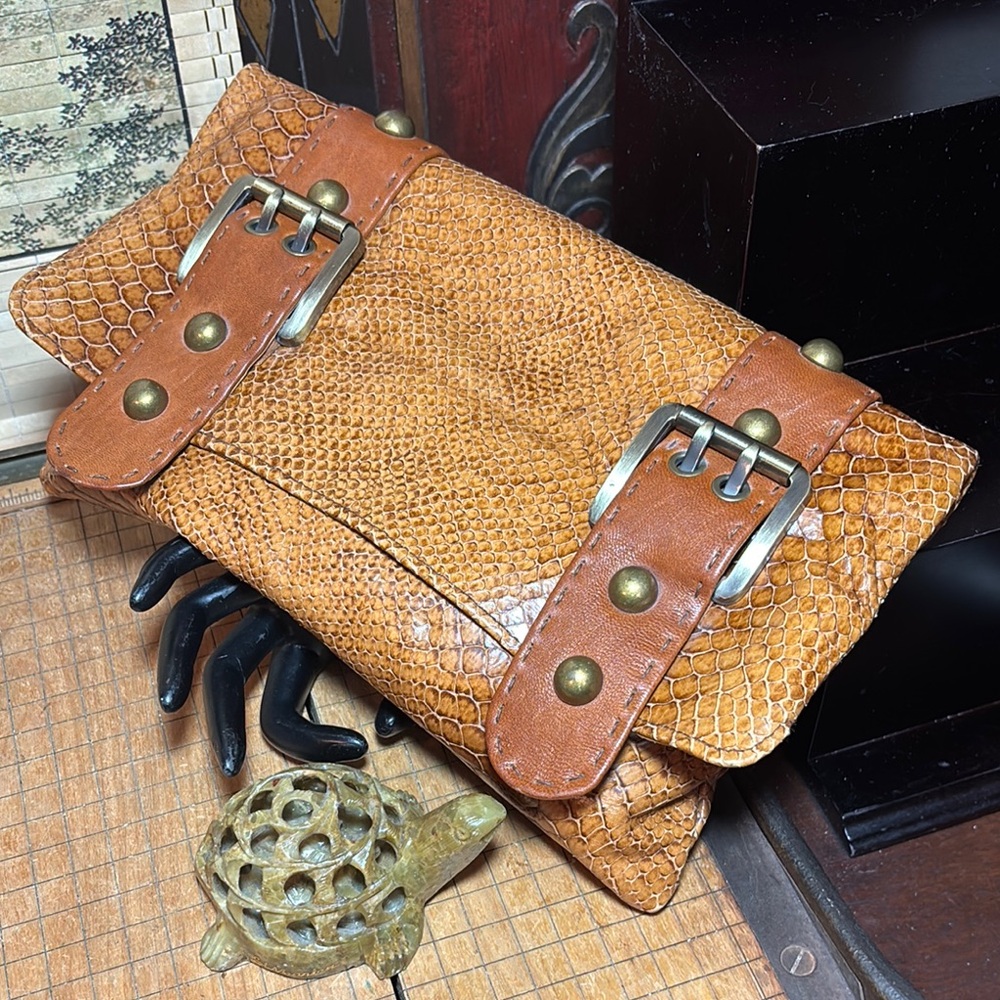 Carla Mancini Leather Bag Snakeskin Design Double Studded Buckle 12”Lx7”Hx2.5”W
